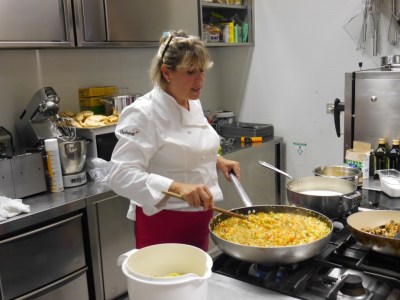 Head Chef Sandra with all our chopping and a vat of olive oil