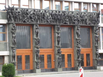 Parliament entrance doors: statues of the human struggle (very Communist era) 