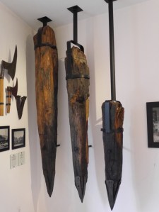 So much wood was needed in shaft construction, that the mine had acres of forest. They used to damn the river, store the timber below the damn and let the fast and sudden flow of the released water carry the logs down to the town. These spikes 'caught' the logs in the town. It all stopped in 1926 when they flooded the town. 