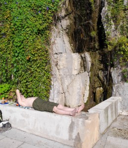 Tired from his paddling, having a rest after lunch.