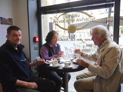 Coffee and cake. Both J and Dad ended up waring the oozing chocolate!